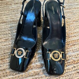 Versace Black and Gold Heels with Slingback Design